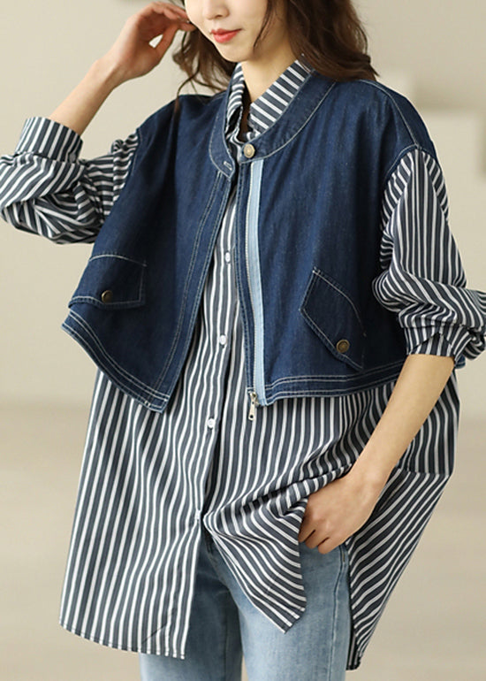 Loose Peter Pan Collar Button Striped Patchwork Fake Two Piece Denim Cotton Shirt Long Sleeve