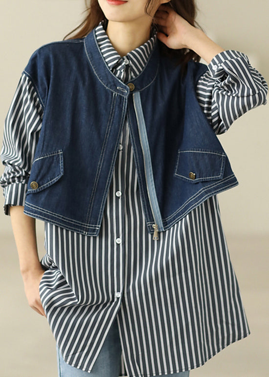 Loose Peter Pan Collar Button Striped Patchwork Fake Two Piece Denim Cotton Shirt Long Sleeve