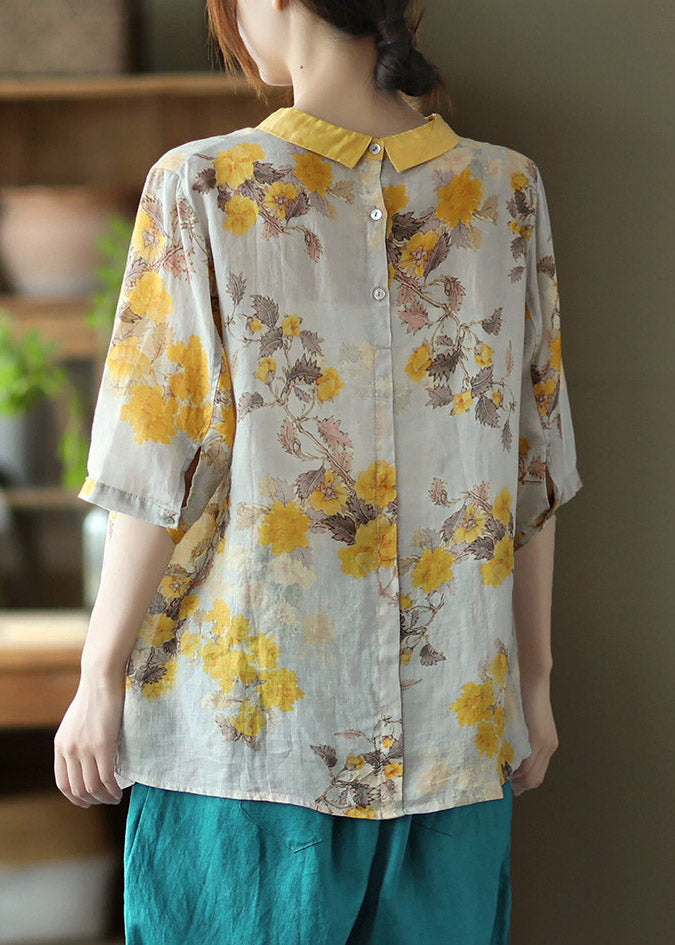 Loose Peter Pan Collar Print Linen Top Half Sleeve