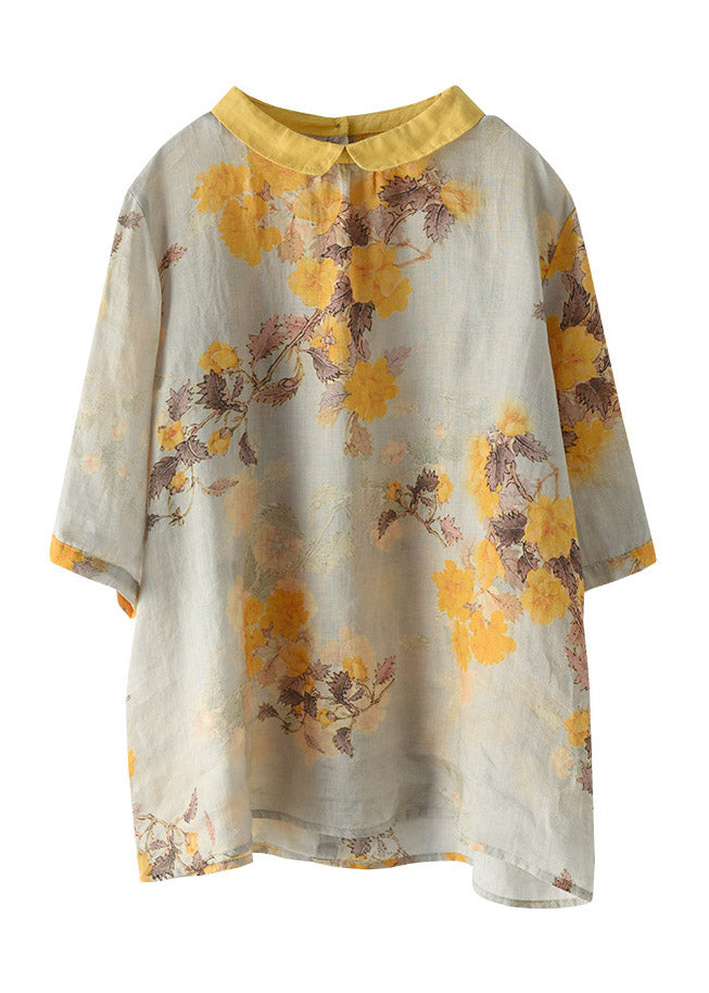 Loose Peter Pan Collar Print Linen Top Half Sleeve