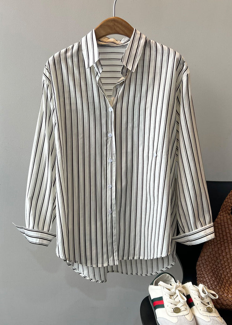 Loose Peter Pan Collar Striped Button Low High Design Shirts Spring