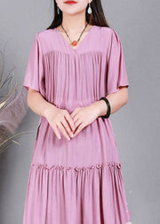 Loose Pink Drawstring Patchwork Ruffled Cotton Pleated Dresses Short Sleeve