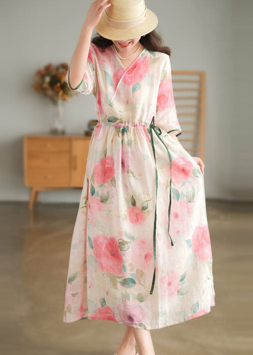 Loose Pink O-Neck Floral Print Pocket Linen Long Dress Short Sleeve