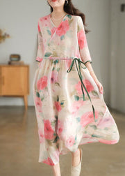 Loose Pink O-Neck Floral Print Pocket Linen Long Dress Short Sleeve