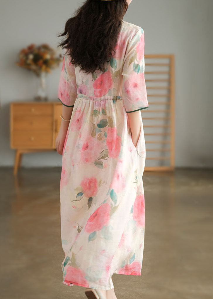 Loose Pink O-Neck Floral Print Pocket Linen Long Dress Short Sleeve