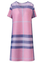 Loose Pink Plaid O-Neck Half Sleeve Dress Summer - bagstylebliss