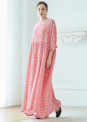 Loose Pink Plaid O Neck Wrinkled Patchwork Cotton Robe Dresses Summer