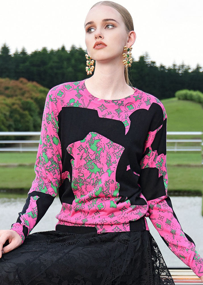 Loose Pink Print Patchwork Thick Print Silk Cotton Top Fall