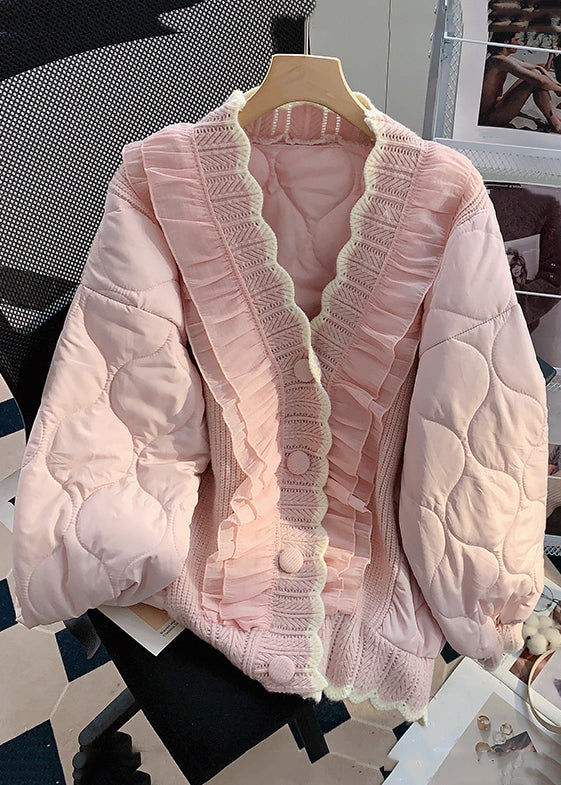 Loose Pink Ruffled Button Knit Patchwork Thin Parka Winter