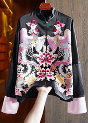 Loose Pink Stand Collar Embroidered Patchwork Silk Coats Fall