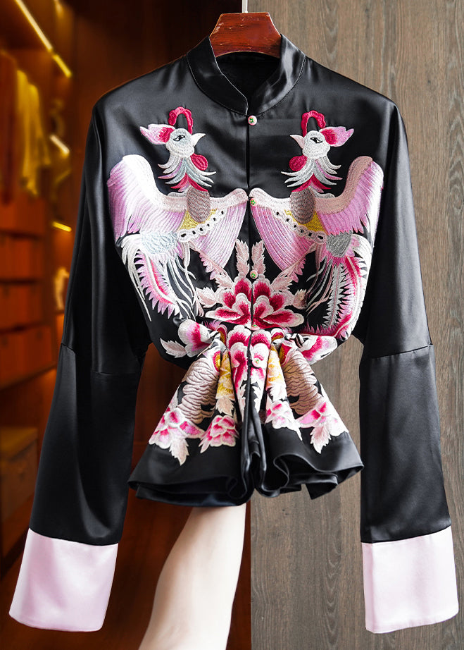 Loose Pink Stand Collar Embroidered Patchwork Silk Coats Fall