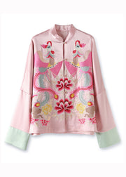 Loose Pink Stand Collar Embroidered Patchwork Silk Coats Fall