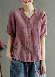 Loose Pink V Neck Embroideried Floral Summer Linen Shirt - bagstylebliss