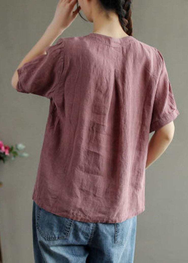 Loose Pink V Neck Embroideried Floral Summer Linen Shirt - bagstylebliss