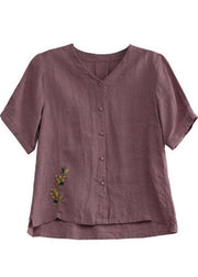 Loose Pink V Neck Embroideried Floral Summer Linen Shirt - bagstylebliss