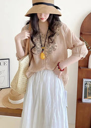 Loose Pink V Neck Embroideried Linen Shirts Half Sleeve