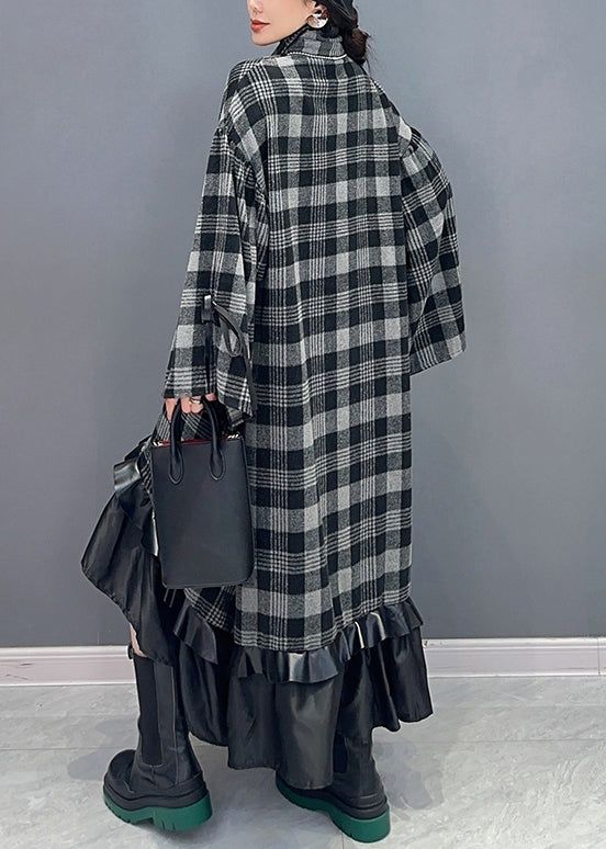 Loose Plaid Asymmetrical Patchwork Cotton Dress Long Sleeve