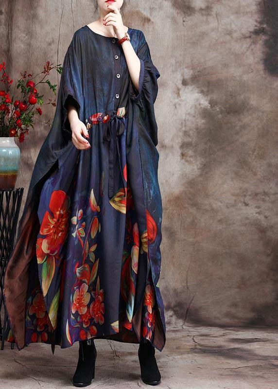 Loose Print Silk Dress Plus Size Tie Waist Maxi Dress - bagstylebliss