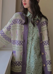 Loose Purple Button Pockets Patchwork Knit Coats Fall