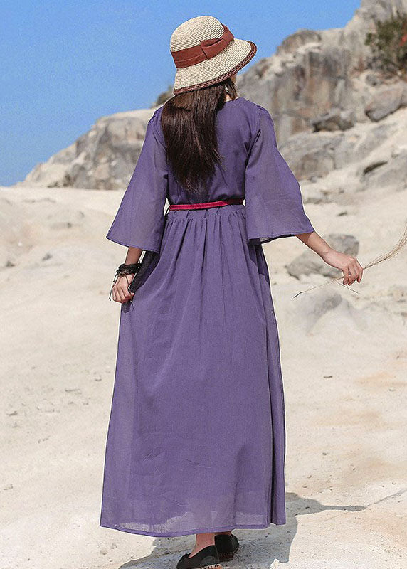 Loose Purple Cinched Button Cotton Dresses Three Quarter sleeve