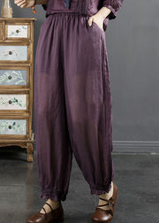 Loose Purple Elastic Waist Ramie Harem Pants Summer