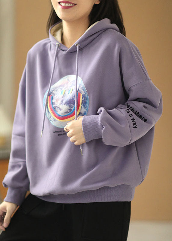 Loose Purple Hooded Drawstring Print Fall Sweatshirt