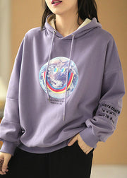 Loose Purple Hooded Drawstring Print Fall Sweatshirt