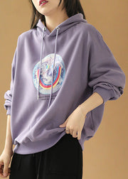 Loose Purple Hooded Drawstring Print Fall Sweatshirt