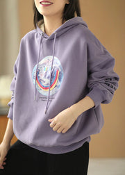 Loose Purple Hooded Drawstring Print Fall Sweatshirt