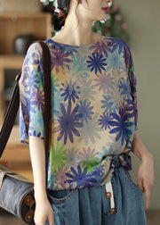 Loose Purple O Neck Print Cozy Cotton Knit Top Summer