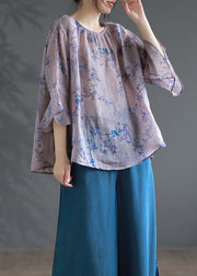 Loose Purple O Neck Print Linen Blouse Tops Summer