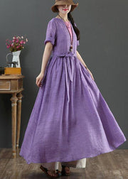 Loose Purple Patchwork Bow Summer Linen Dress - bagstylebliss