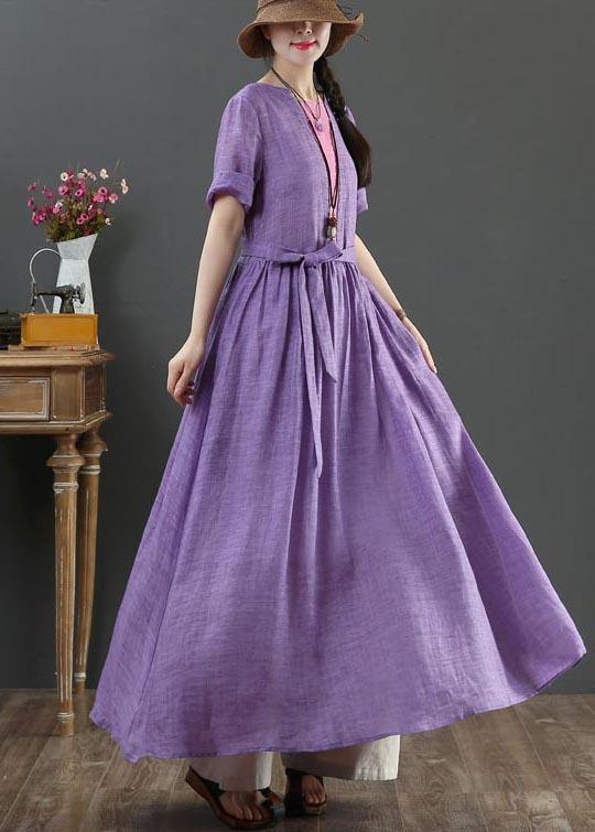 Loose Purple Patchwork Bow Summer Linen Dress - bagstylebliss