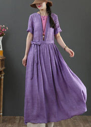 Loose Purple Patchwork Bow Summer Linen Dress - bagstylebliss