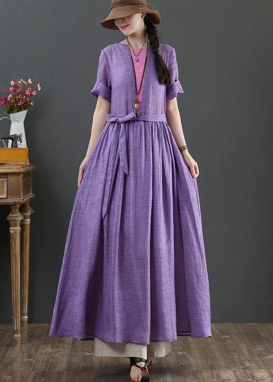 Loose Purple Patchwork Bow Summer Linen Dress - bagstylebliss