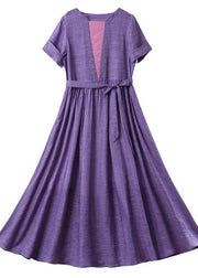 Loose Purple Patchwork Bow Summer Linen Dress - bagstylebliss