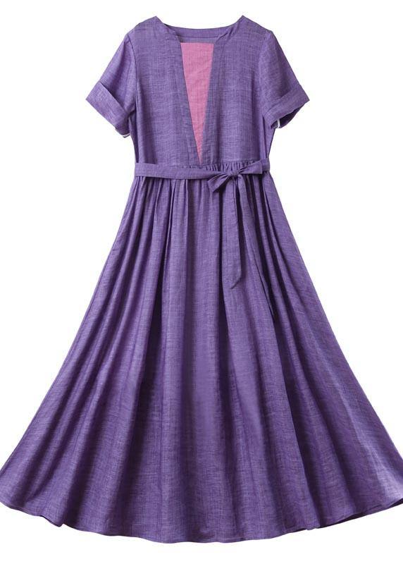 Loose Purple Patchwork Bow Summer Linen Dress - bagstylebliss