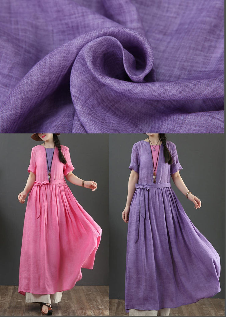 Loose Purple Patchwork Bow Summer Linen Dress - bagstylebliss