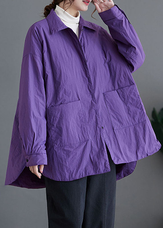 Loose Purple Peter Pan Collar Pockets Patchwork Parkas Coats Long Sleeve