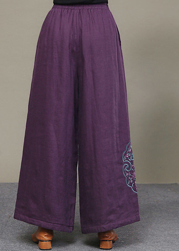 Loose Purple Pockets Embroidered Thick Wide Leg Fall Pant