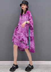 Loose Purple Red V Neck Tie Dye Low High Design Chiffon Two Piece Set Summer