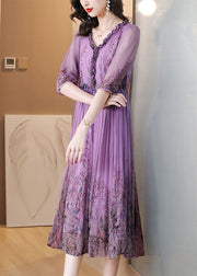 Loose Purple Ruffled Lace Up Print Chiffon Long Dress Half Sleeve