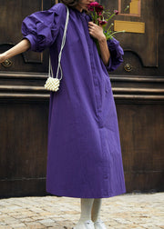 Loose Purple Stand Collar Wrinkled Maxi Dress Lantern Sleeve