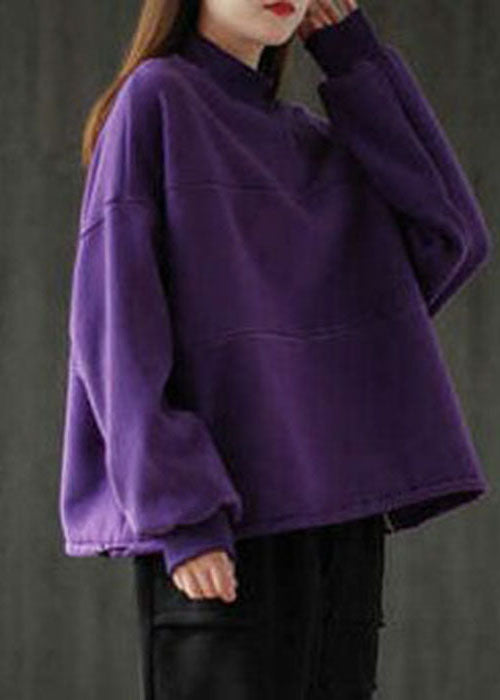 Loose Purple Turtle Neck Patchwork Warm Fleece Sweatshirts Top Winter