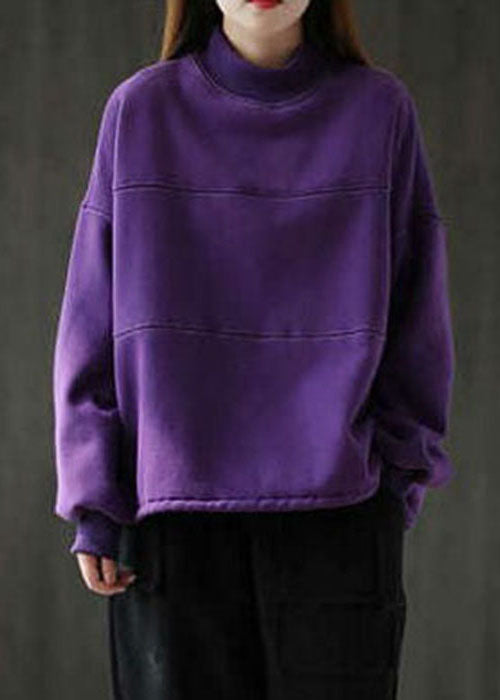 Loose Purple Turtle Neck Patchwork Warm Fleece Sweatshirts Top Winter