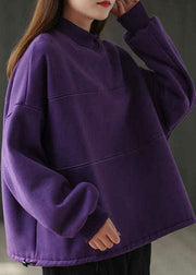 Loose Purple Turtle Neck Patchwork Warm Fleece Sweatshirts Top Winter