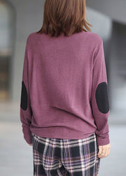 Loose Purple Turtleneck Patchwork Cotton Top Long Sleeve