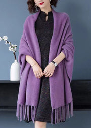 Loose Purple V Neck Tasseled Patchwork Mink Velvet Cardigans Fall