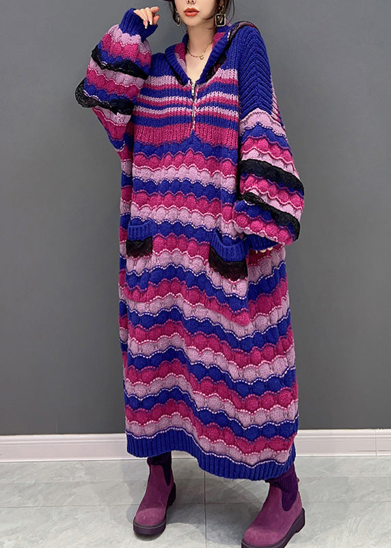 Loose Purple Zippered Striped Hooded Knit Maxi Sweater Dress Winter