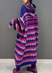 Loose Purple Zippered Striped Hooded Knit Maxi Sweater Dress Winter